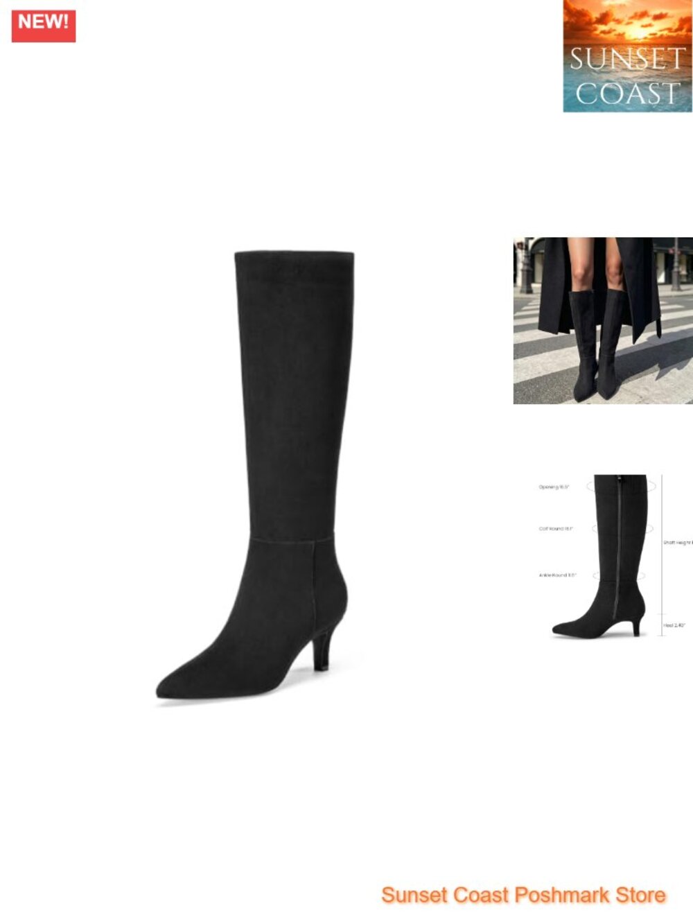 Kitten Heel Knee High Boots Pointed Toe Faux Suede Side Zip Tall Boots